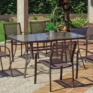 mesa de comedor desmontable para jardín fabricada de acero lacado en color bronce Macao