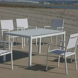 Mesa de comedor de aluminio blanco y tablero HPL Córcega